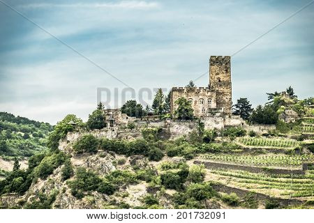 Landmark Gutenfels castle at Kaub in the famous Rhine Gorge north of Rudesheim, Germany