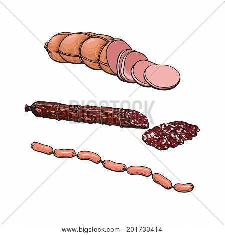 vector sketch chorizo sausage with slices, boiled sausage and sausage chain set. Cartoon isolated illustration on a white background. Sausage and meat types concept