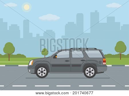 Gray off-road car on city background. Vector illustration.