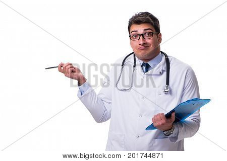 Young male doctor with a writing board isolated on white backgro