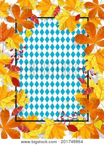 Autumn leaves frame on background pattern of blue diamonds. Traditional fall Oktoberfest background. National German autumn beer festival design.Cartoon flat style vector illustration