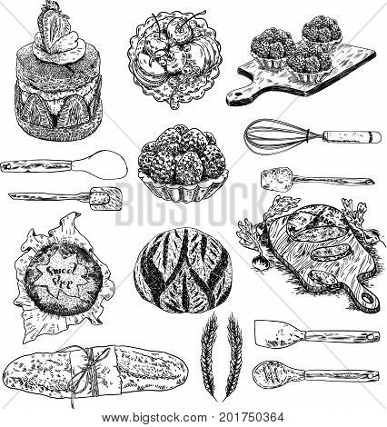 Set of cooking patches elements. Set of stickers, pins, patches and handwritten notes collection in cartoon 80s-90s comic style.Vector stikers kit