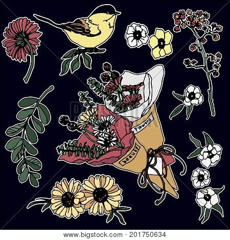 Set of flowers and bird patches elements. Set of stickers, pins, patches and handwritten notes collection in cartoon 80s-90s comic style.Vector stikers kit