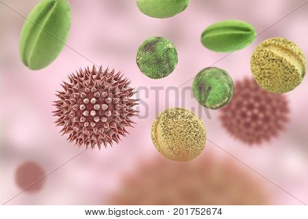 Pollen grains from different plants, 3D illustration. They are factors causing hay fever and allergic rhinitis