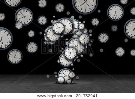 Time questions concept as a group of floating clocks and timepieces shaped as a question mark as a metaphor for deadline or business schedule confusion or corporate appointment information as a 3D illustration on black.
