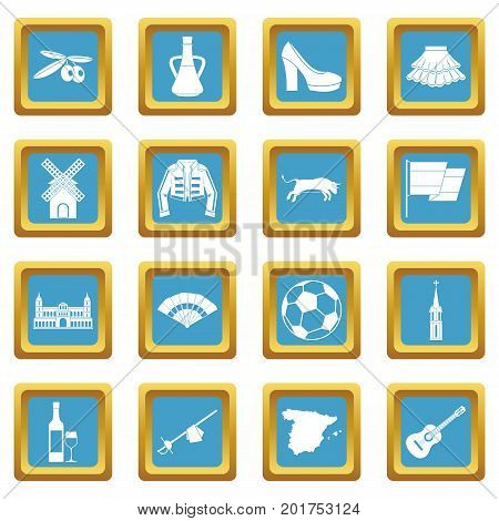 Spain travel icons set in azur color isolated vector illustration for web and any design