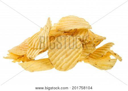 Ribbed potatoes snack chips close up isolated on white background