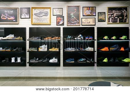 SAINT PETERSBURG, RUSSIA - CIRCA AUGUST, 2017: inside Reebok Classic store. Reebok Classic is a lifestyle shoe brand that consists of athletic shoes that became popular casual wear.