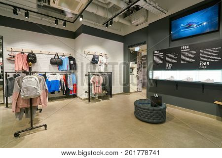 SAINT PETERSBURG, RUSSIA - CIRCA AUGUST, 2017: inside Reebok Classic store. Reebok Classic is a lifestyle shoe brand that consists of athletic shoes that became popular casual wear.
