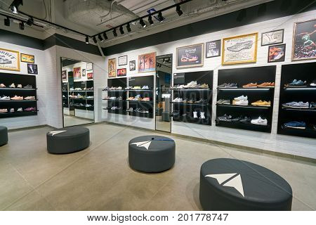 SAINT PETERSBURG, RUSSIA - CIRCA AUGUST, 2017: inside Reebok Classic store. Reebok Classic is a lifestyle shoe brand that consists of athletic shoes that became popular casual wear.