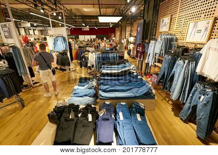 SAINT PETERSBURG, RUSSIA - CIRCA AUGUST, 2017: Bershka store at Galeria shopping center. Bershka is a retailer and part of the Spanish Inditex group