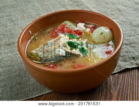 scherba - Russian Cossack fish soup  close up   homemade  healthy, meal