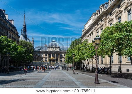 Paris France - August 13 2016: The Palais de Justice and the square Louis Lepine.The justice of the state has been dispensed at this site since medieval times.