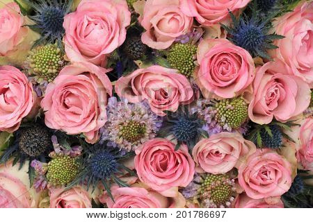 Pink roses and blue sea holly in a wedding flower arrangement