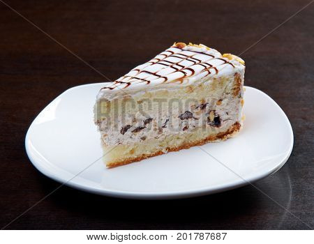cake on a white plate.cloose up meal