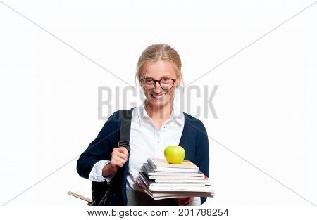Happy Young Student Girl Holding Books.  Back To School