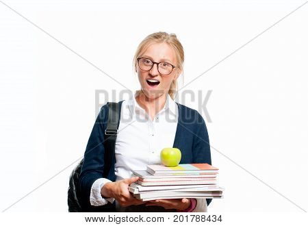 Happy Young Student Girl Holding Books.  Back To School