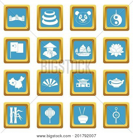 China travel symbols icons set in azur color isolated vector illustration for web and any design