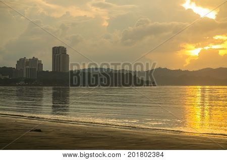 Beautiful coastal town with Gaya island during sunset of Kota Kinabalu,Sabah,Borneo,Malaysia.Kota Kinabalu formerly known as Jesselton,is the capital of the state of Sabah,Malaysia.