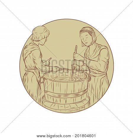Illustration of two medieval Alewife Brewing Beer ale in vat open top barrel done in hand drawn sketch Drawing style.