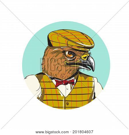 Drawing sketch style illustration of head of a Hawk English Outdoorsman wearing cheese cutter hat cap vest bow tie set inside circle done in cartoon style.