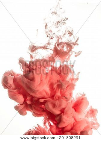 Ink swirl in water isolated on white background. The paint in the water. Soft dissemination a droplets of pink ink in water close-up. Abstract background. Explosion of splashes yellow acrylic ink.