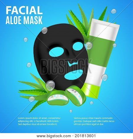 Cosmetic Facial Sheet Aloe Mask Card or Poster for Avertising Beauty Product Ingredient Moisture Woman or Girl Skin Care Vector illustration Part of Masks Collection