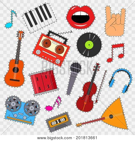 Musical Instruments and Equipment Sticker Set on a Transparent Background Include of Guitar, Keyboard, Microphone, Drum and Headphone. Vector illustration of stickers
