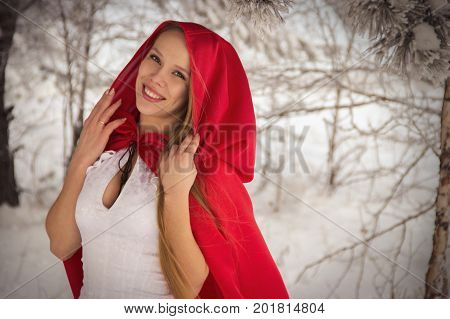 Girl in costume Little Red Riding Hood with dog like a wolf and a basket with apples and pies in the winter in the woods in the snow