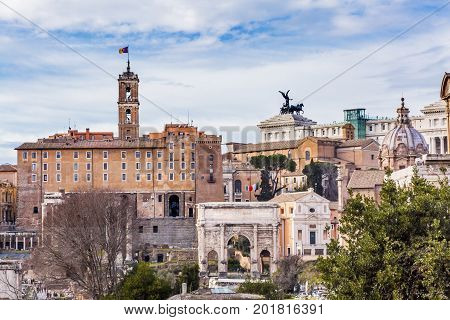 Roman Forum Septemus Severus Arch Capatoline Hill ColumnsRome Italy. Forum rebuilt by Julius Ceasar in 46 BC