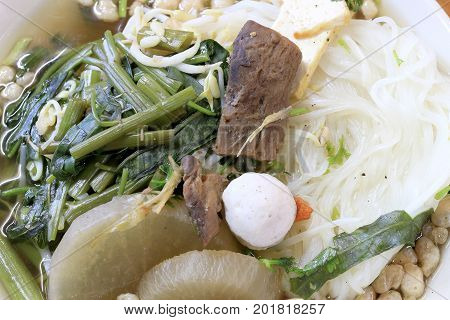 Vietnamse Noodle Soup, Served With Fresh Herbs At The Buddhist Eatery, Radish, Morning Glory, Shiita