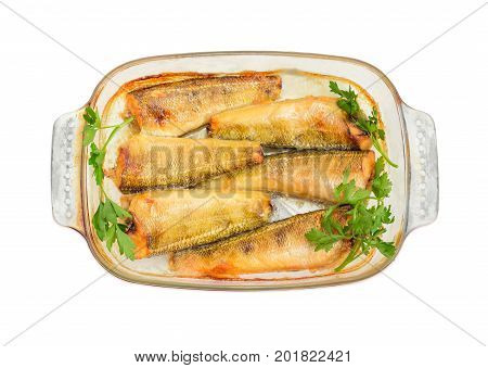 Baked notothenia fish in the glass casserole dish
