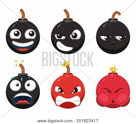 Cartoon character of funny bomb with different emotions. Vector mascot isolate on white. Cartoon character black bomb with face illustration