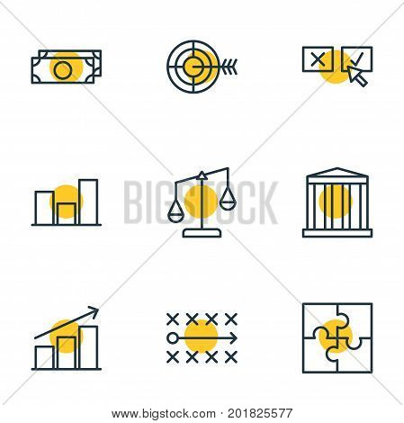 Editable Pack Of Recision, Columns, Cash And Other Elements.  Vector Illustration Of 9 Management Icons.