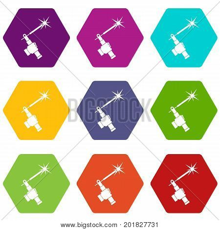 Mig welding torch in hand icon set many color hexahedron isolated on white vector illustration