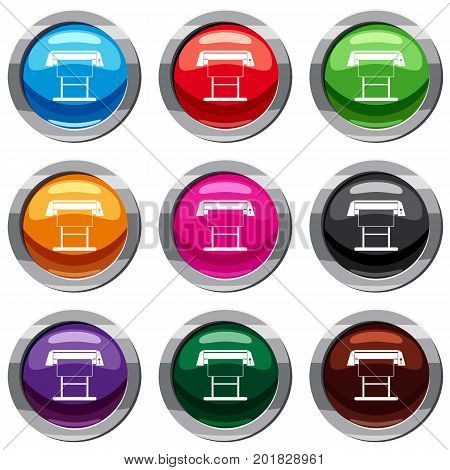 Large format inkjet printer set icon isolated on white. 9 icon collection vector illustration