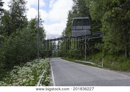 UKKO-KOLI HILL, FINLAND ON JULY 05. View of the lift, elevator between the parking lots and Break Sokos Hotel on July 05, 2017 in Ukko-Koli Hill, Finland. The surrounding. Editorial use.