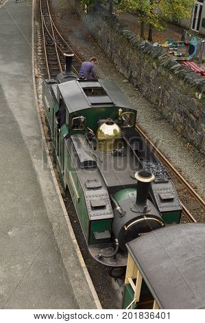 Blaenau Ffestiniog Wales UK - August 22 2017: Narrow gauge Double Fairlie steam locomotive Iarll Meirionnydd of the Ffestiniog Railway Company part of the heritage line that runs through the Snowdonia National Park