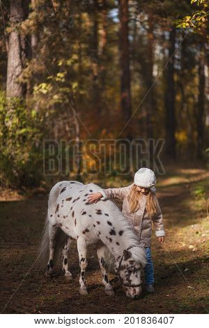 Little Cute Girl Walking With A Pony In The Autumn Forest