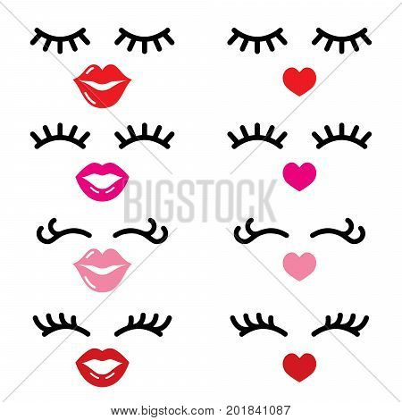 Eyelashes and lips vector icons, pretty girl's face, closed eyes and heart lips - beauty concept