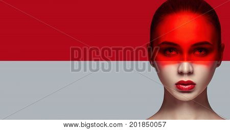 Mockup Pure perfect skin and natural makeup skin care natural cosmetics. Long eyelashes and big eyes red film on face. Beautiful attractive Nude woman. Fashion art photo. Natural makeup on face