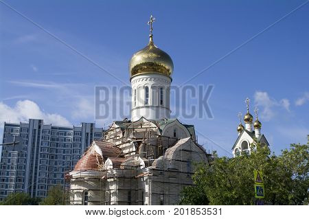 MOSCOW RUSSIA - AUGUST 2017 - The construction of the Orthodox Church of Andrei Rublev in Ramenki