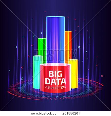 Big data visualization. Colorful chart design with dots arrays and light effects. Data center complex. Digital Data processing and Storage visual concept. Diagram abstract background. Vector illustration