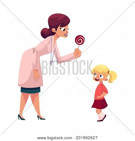 Young woman doctor, pediatrician in stethoscope giving lollipop candy to little girl, cartoon vector illustration isolated on white background. Woman doctor pediatrician giving lollipop to little girl