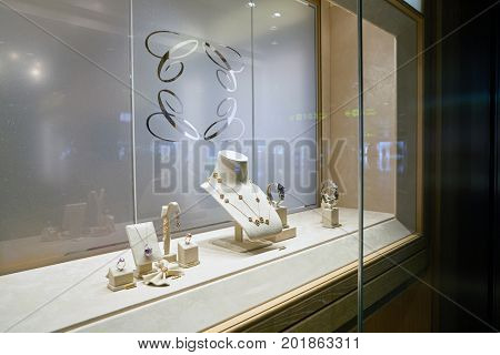DOHA, QATAR - CIRCA MAY, 2017: a display window at Chopard store. Chopard is a Swiss watchmaker and jewellery maker.