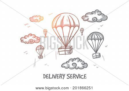 Delivery service concept. Hand drawn delivery goods with balloon. Transportation package isolated vector illustration.