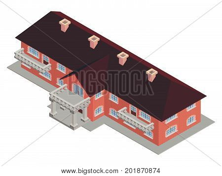 Building private school isometrics vector brown roof made of bricks