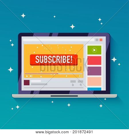 Subscribe button on a video channel. Idea for video streaming blogs. Flat design style modern vector illustration concept.