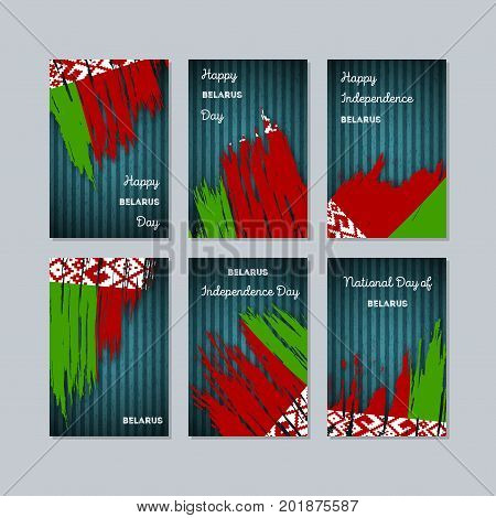 Belarus Patriotic Cards For National Day. Expressive Brush Stroke In National Flag Colors On Dark St