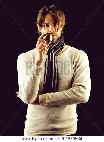Macho Man With Stylish Beard And Haircut Wearing Warm Scarf